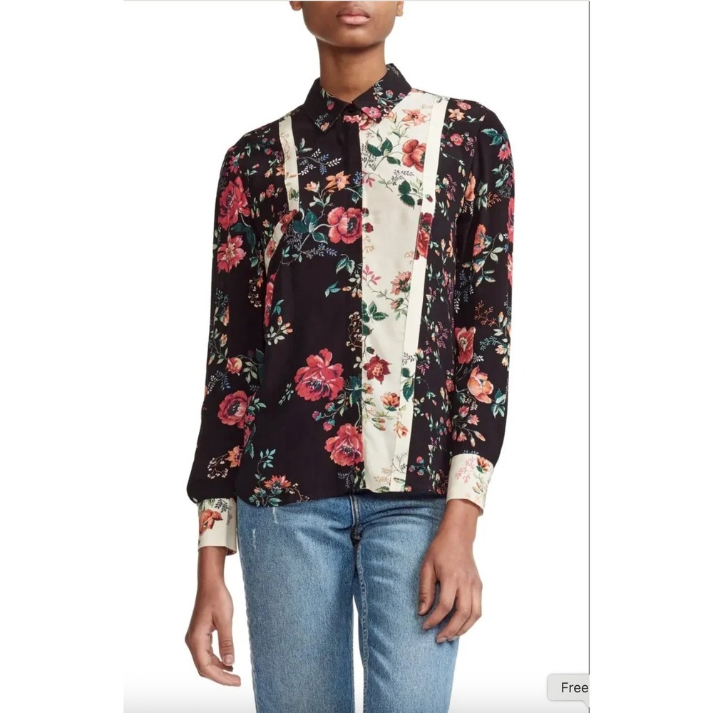 Maje Ciller Floral Print Mixed Media Button Down Blouse Black Size 1 / Small